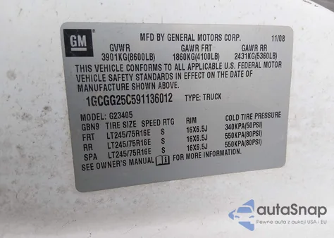 2009 Chevrolet Express 2500 Work Van z USA, uszkodzony, nr VIN 1GCGG25C591136012